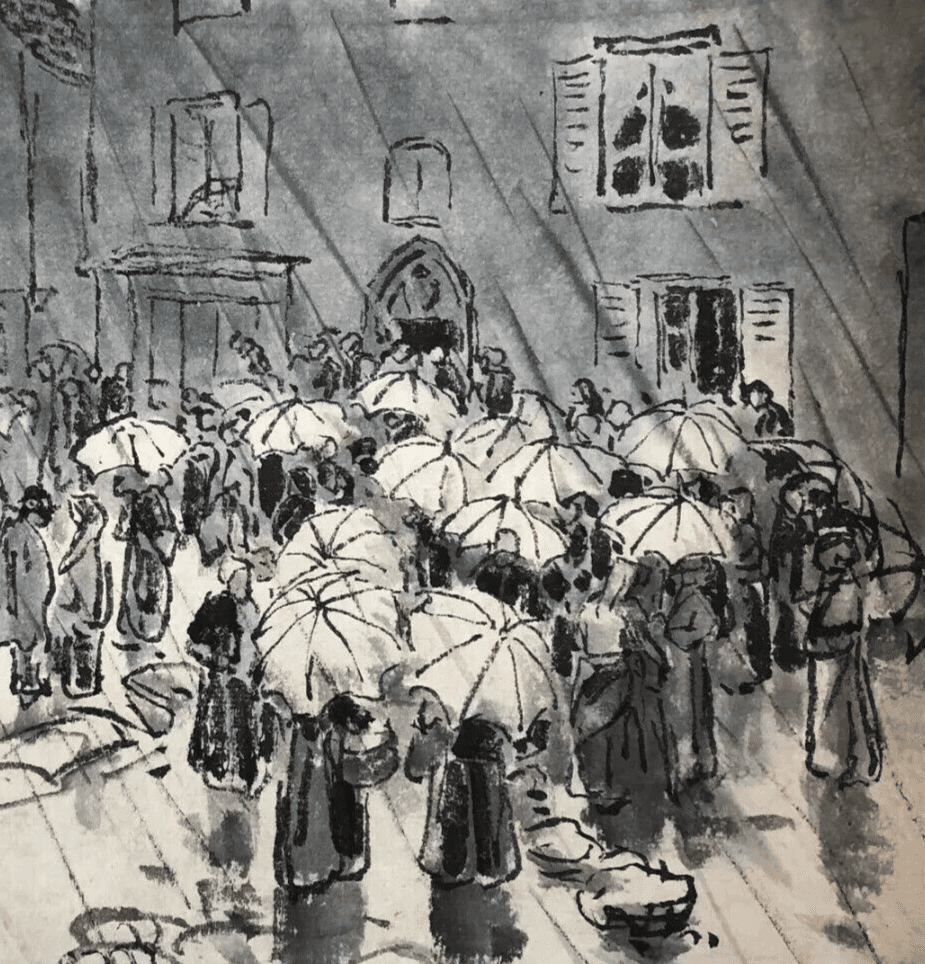 Antique Drawing Characters in the Rain By Jules CHADEL (1870-1942), Umbrellas