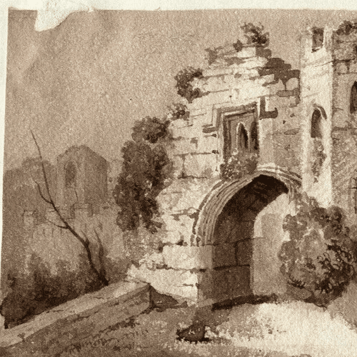 Antique Ink Original Drawing 19th century Ruins Landscape, House image 2