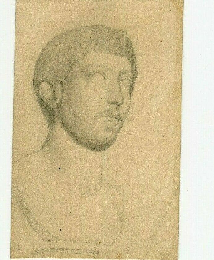 Antique Pencil Original Drawing Man Sculpture Portrait Artwork