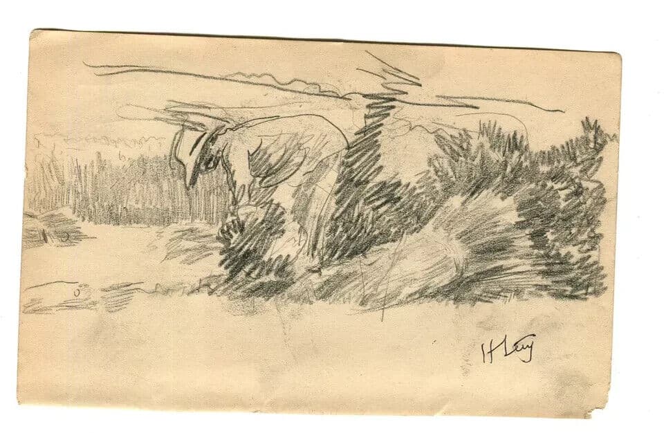 Vintage Pencil Drawing signed Woman in a Field Garden Sketch image 3