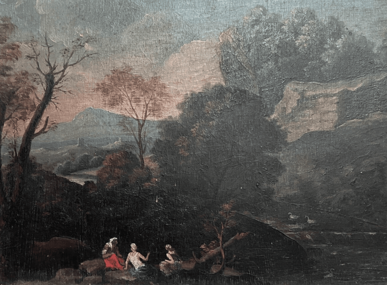 Antique Original Painting Landscape, People, Trees, Forest 19th century