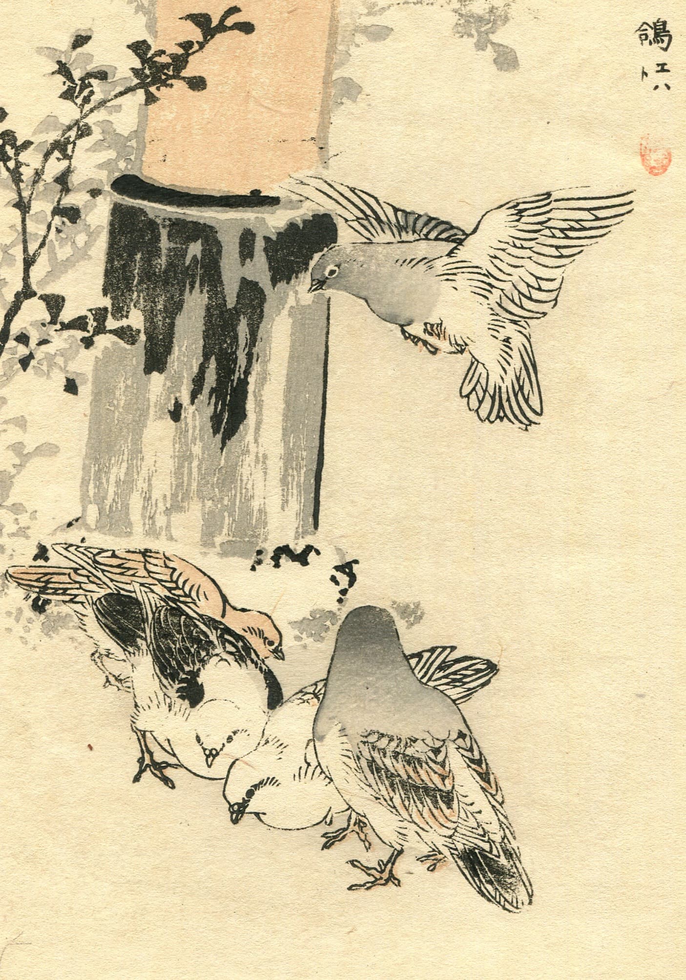 Pigeons Japanese Ukiyo-e Print c. 1890