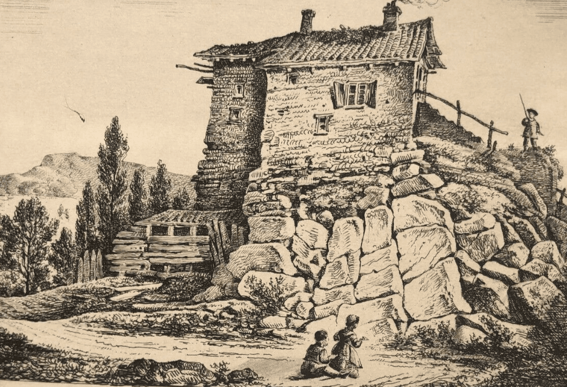 Antique Original Engraving Landscape, People, Children, House, Forest, Trees image 1