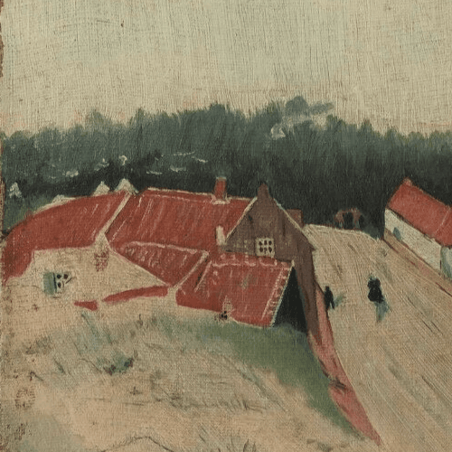 Antique Original Oil Painting Ciyview, Landscape, Breton, Village, People signed image 2