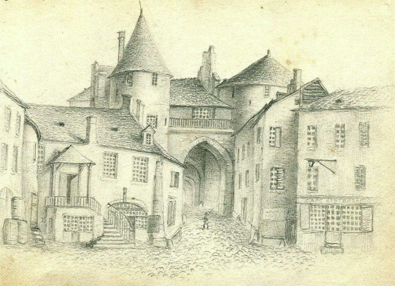 Antique Pencil Original Drawing 19th century Village, Cityview, Architecture