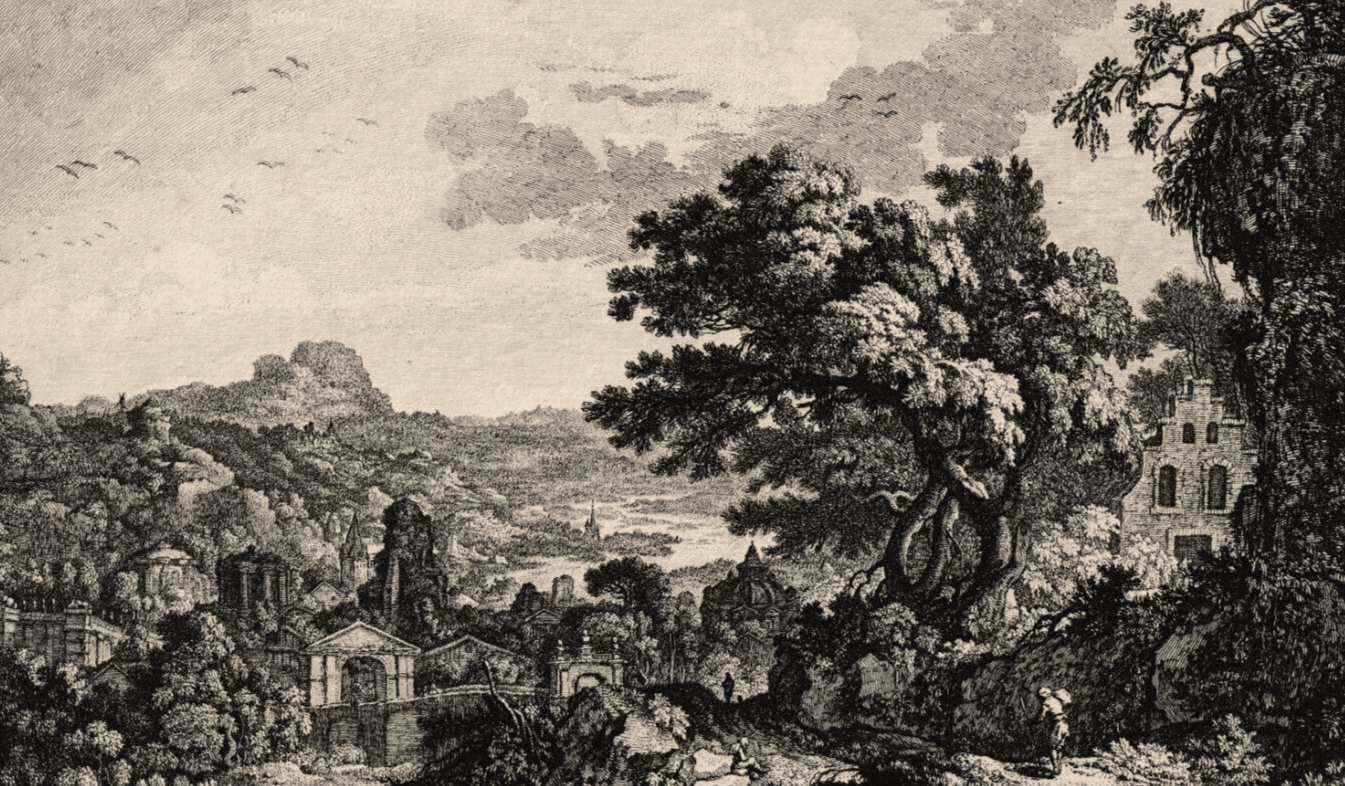 Antique Original Etching Landscape, Forest, Mountain, Trees, Cityview image 1