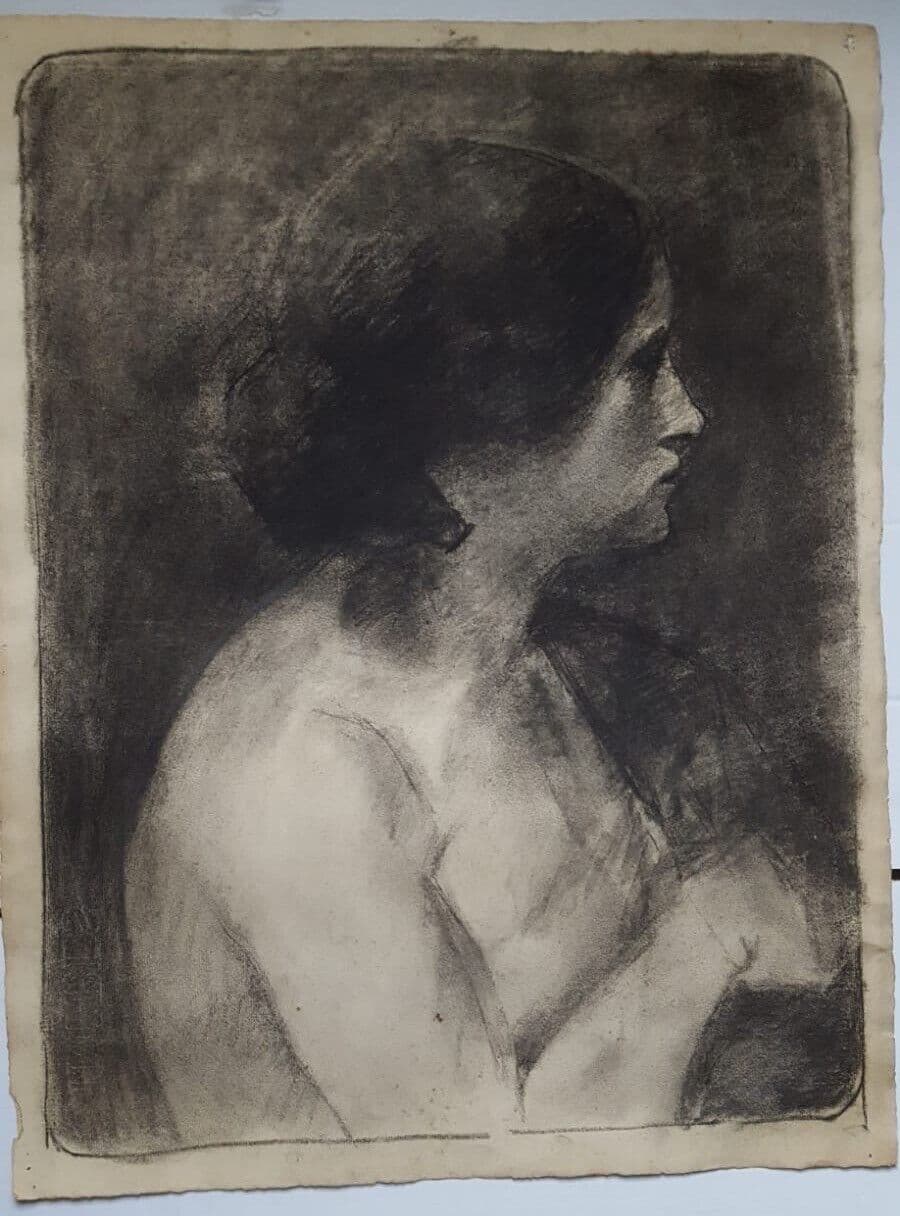 Antique Drawing Pencil Chalk Nude Woman Portrait Profil image 6
