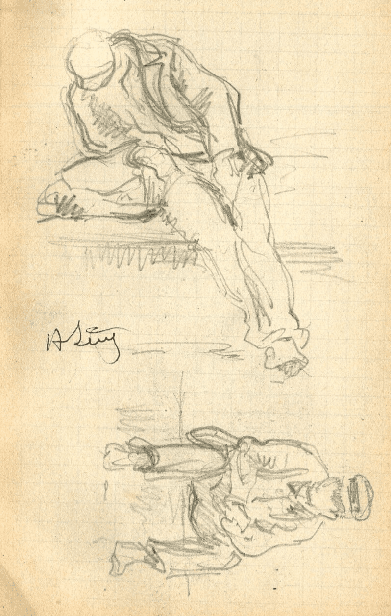 Antique Pencil Original Drawing signed Sketch Men Sitting