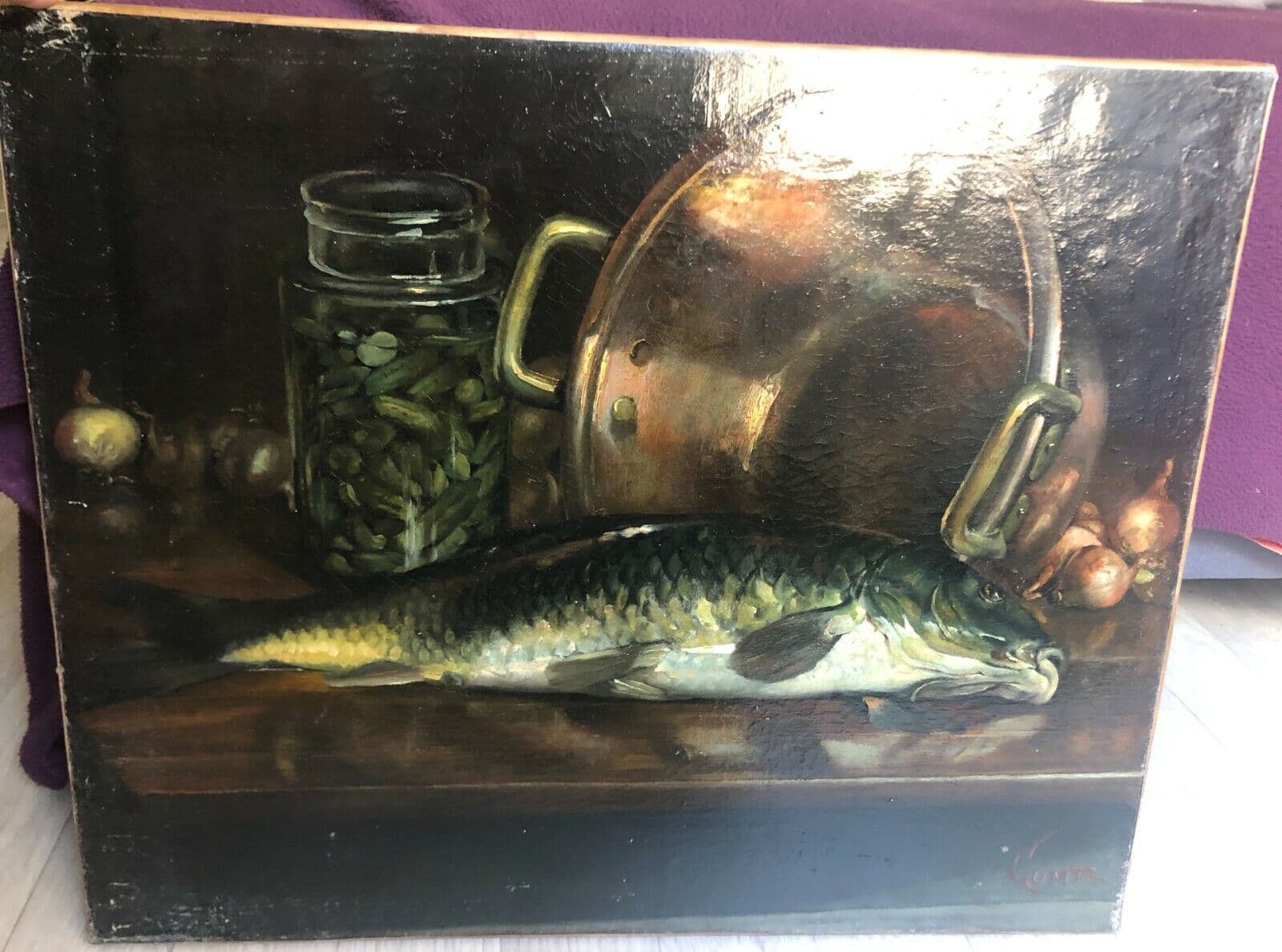 Painting Still Life with Fish, Pickles signed