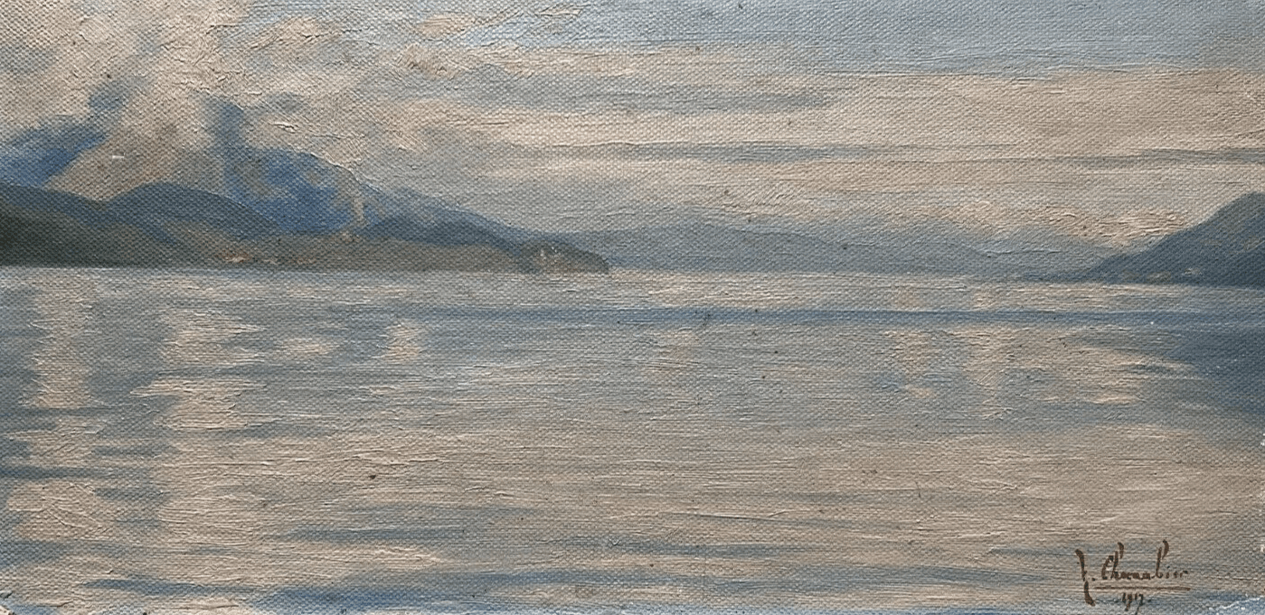 Antique Original Painting Maritime Landscape , Seaview, Mountain, Interlakes