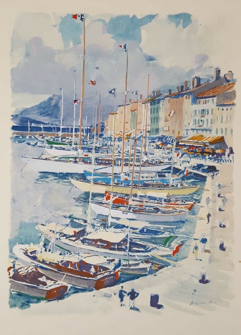 Lithograph by MARIN-MARIE Pont de Saint-Tropez Yachting 1957