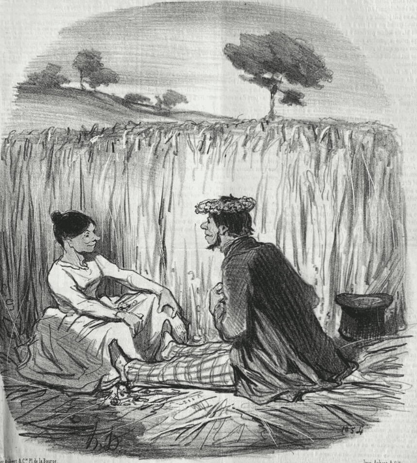 Antique Print 19th century Daumier, Les bons bourgeois, Idylle dans les Bles