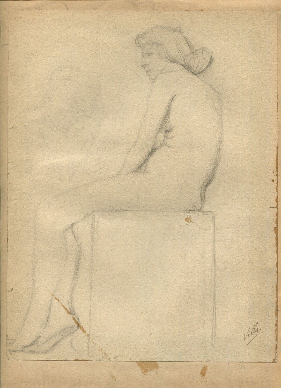 Antique Pencil Drawing Original Nude Woman Portrait signed image 5