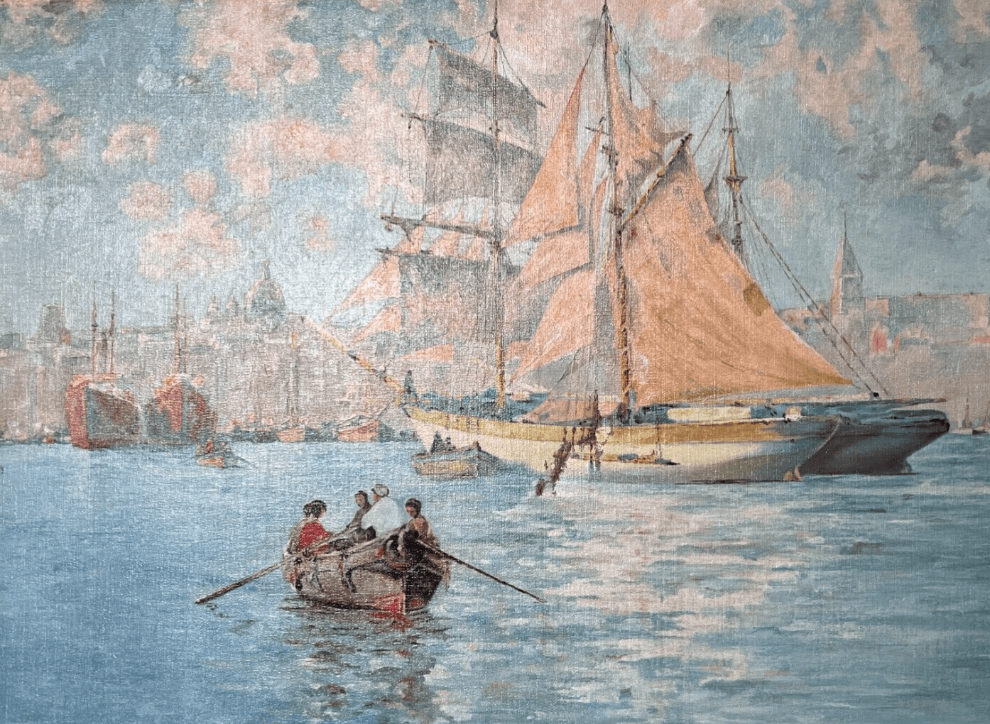 Antique Oil Painting Santa Salute Basilica, Grand Canal, Italy, Venice, Seascape
