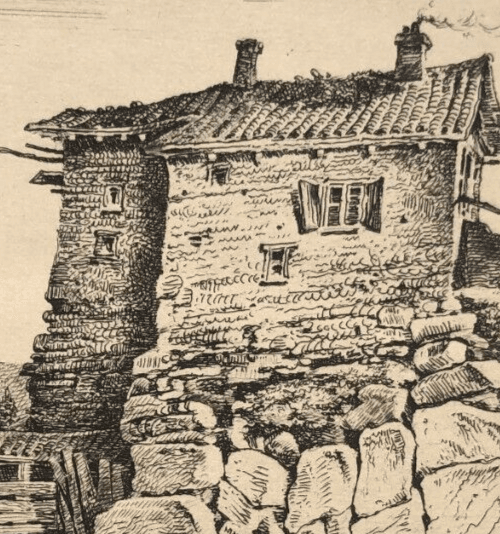 Antique Original Engraving Landscape, People, Children, House, Forest, Trees image 2