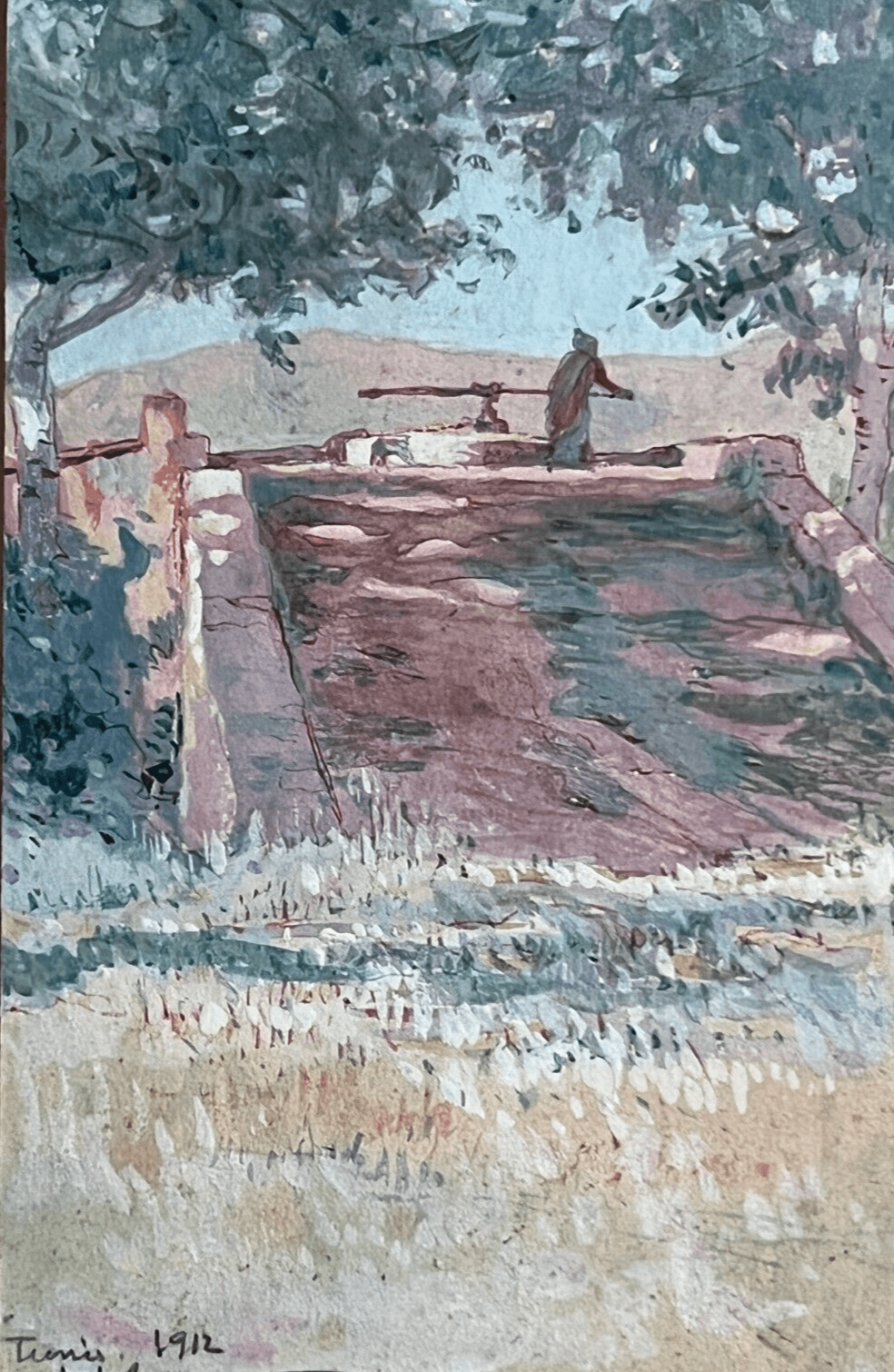 Antique Original Painting signed Landscape, Tunisia, Man