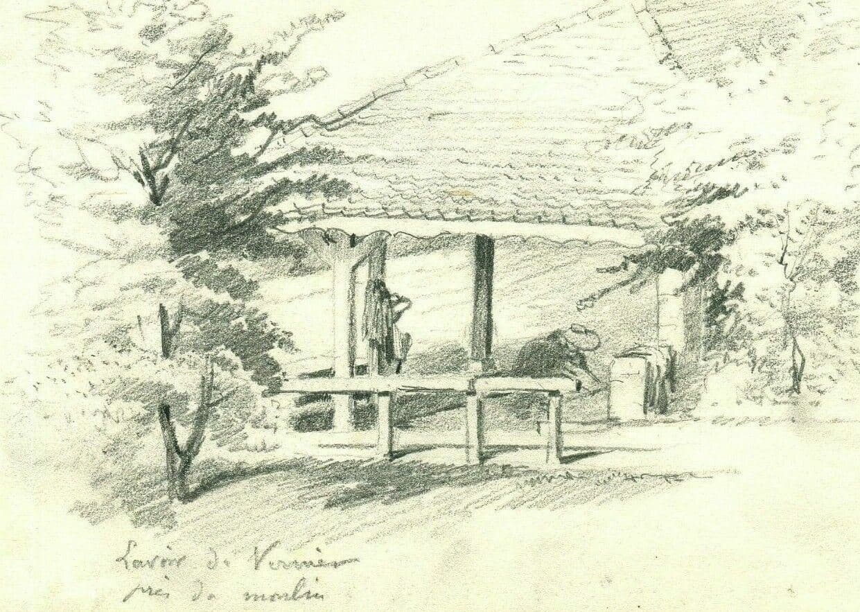 Antique Pencil Drawing Lavoir du Vernier near the Mill Landscape Artwork