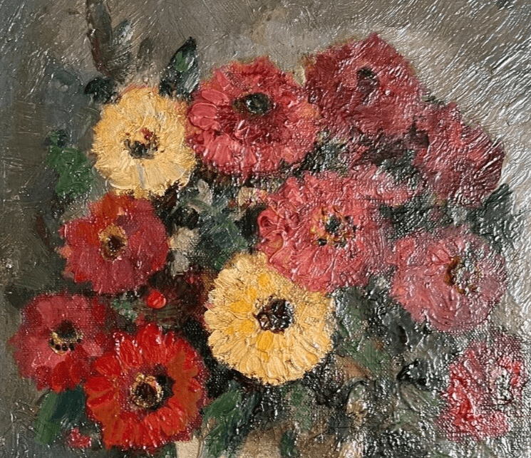 Antique Painting Original Still Life, Flowers, Vase, Apple signed Floral image 4