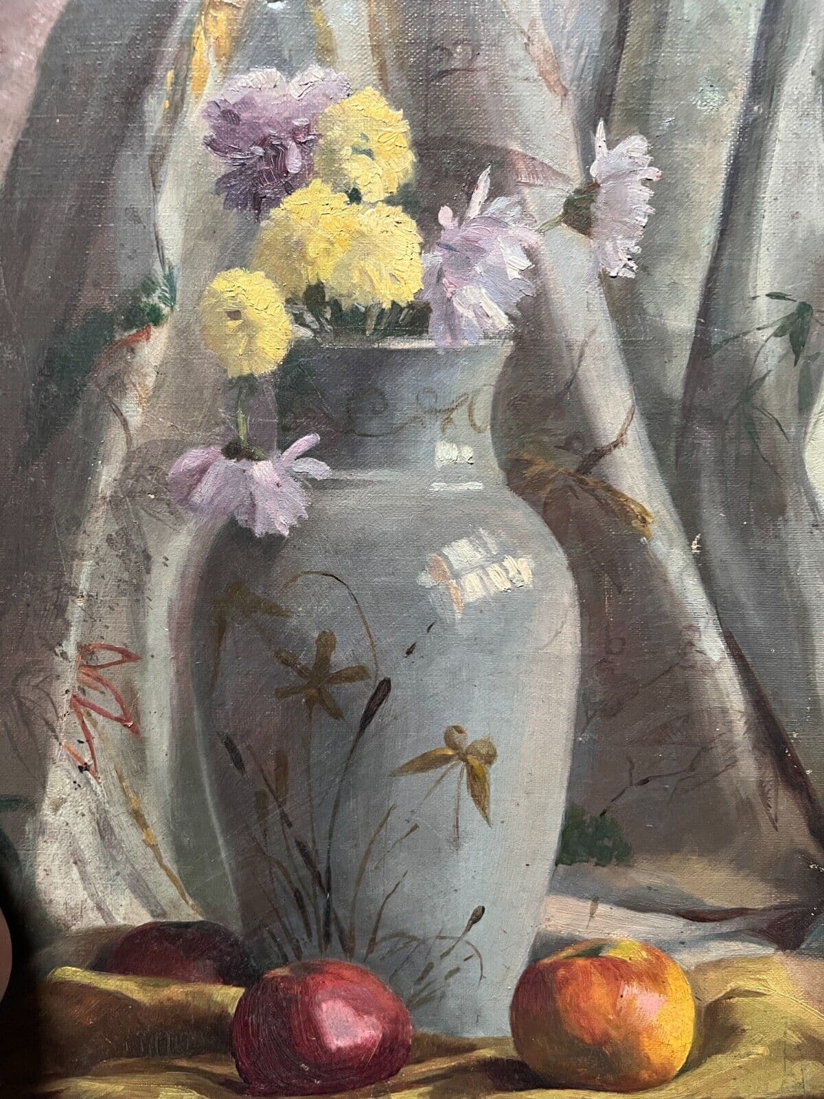 Antique Original Painting Still Life, Flowers, Vase, Apples 19th century