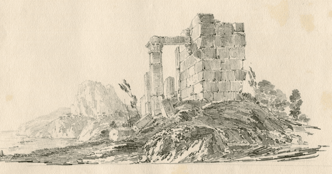 Antique Pencil Drawing Original 19th century Ruins Castle Landscape