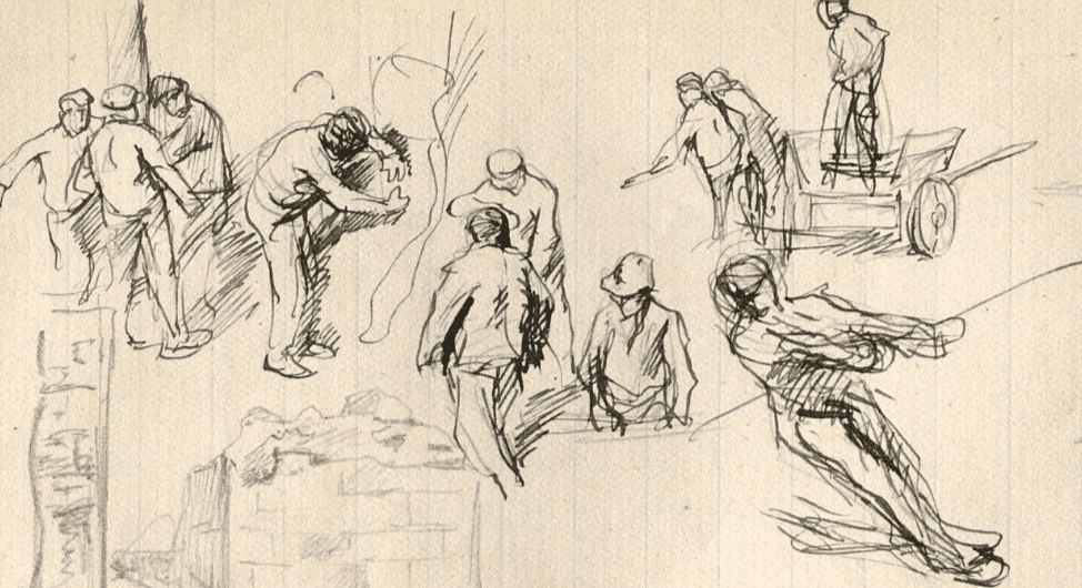 Antique Vintage Ink Pencil Drawing Original Ruin, Sketch People Artwork