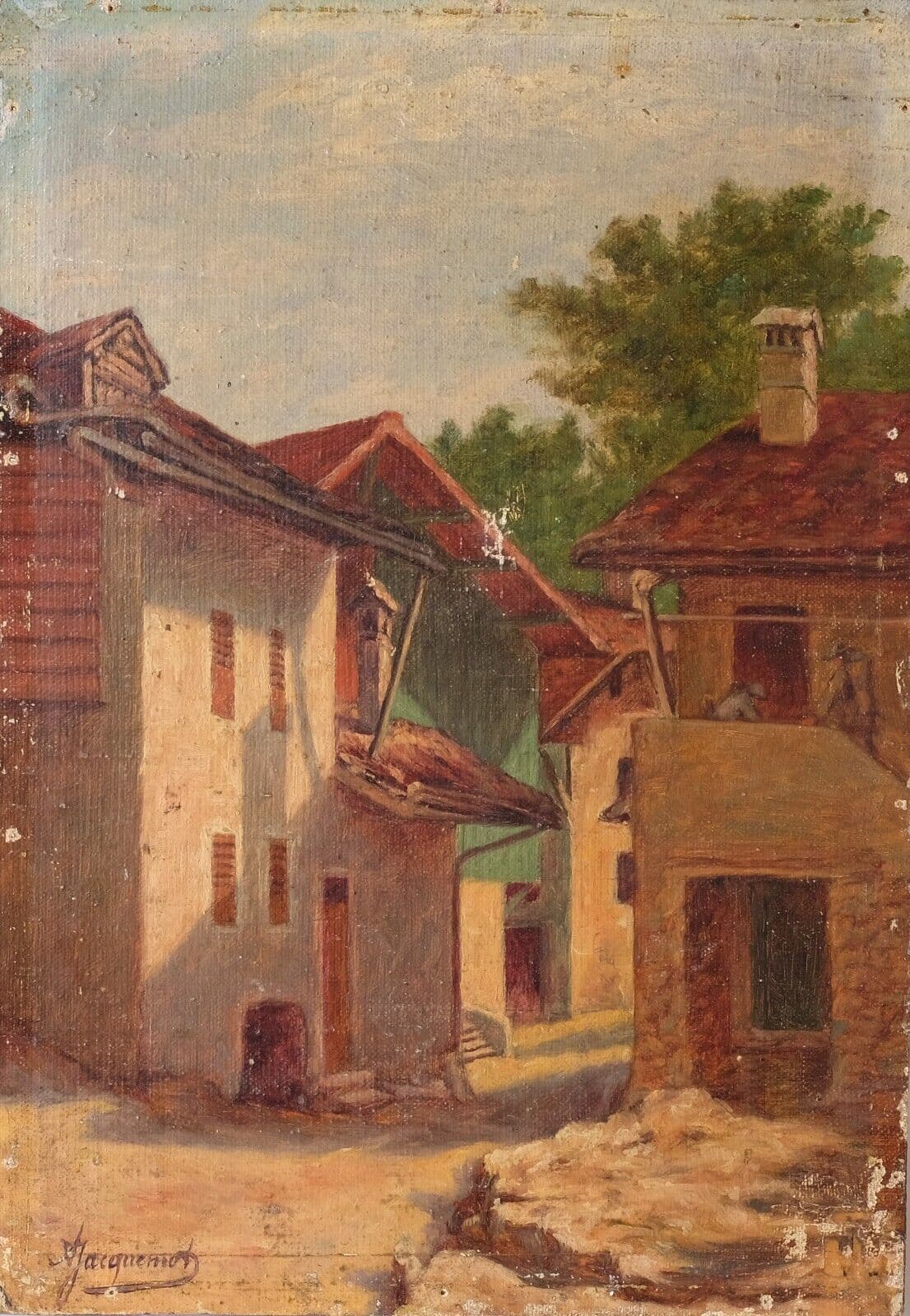 Antique Oil Painting on Canvas Landscape, Houses, Village signed