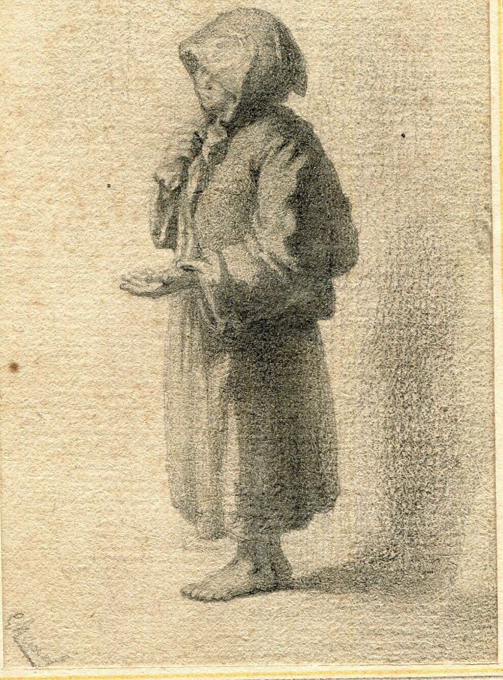 Drawing 19th century Beggar, Genre Scene