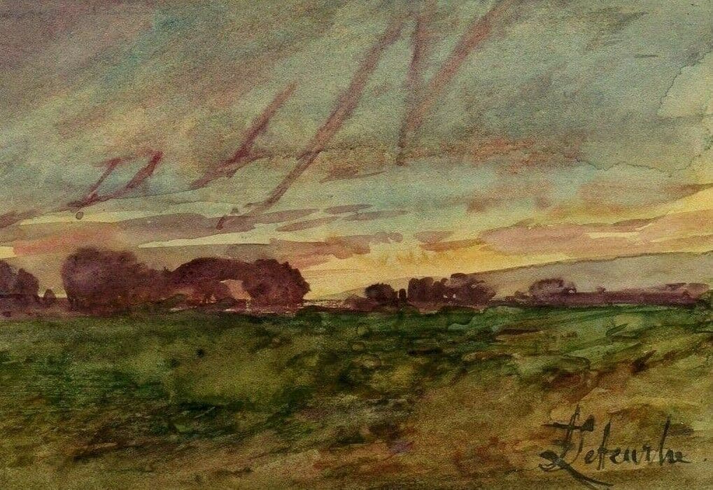Vintage Original Drawing Landscape, Sunset, Forest, Trees