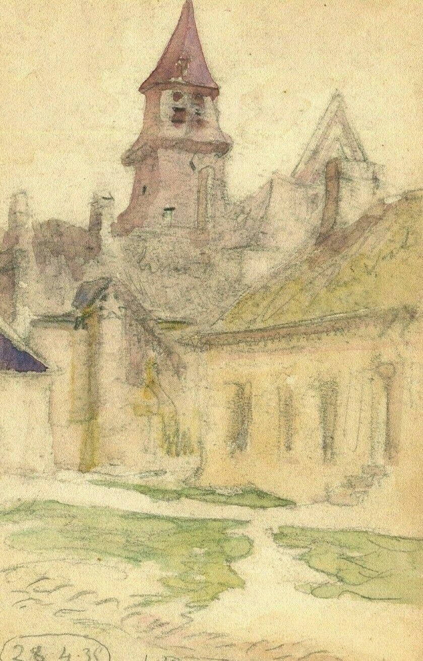 Drawing Village Landscape, Church signed