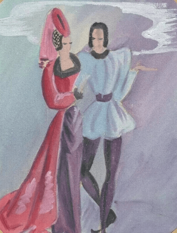 Vintage Original Drawing Portrait, Woman, Couple, Figures, Genre Scene