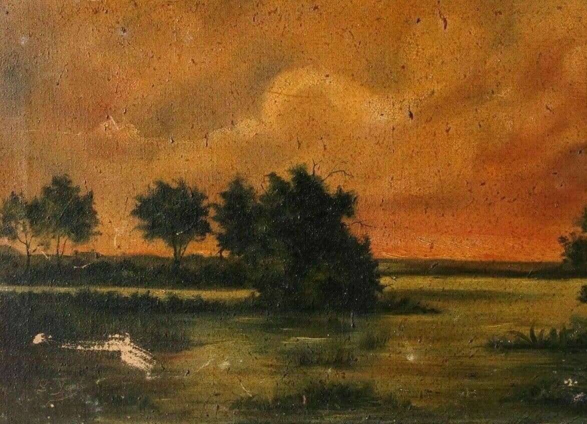 Painting Sunset Tree and River Landscape signed Yon