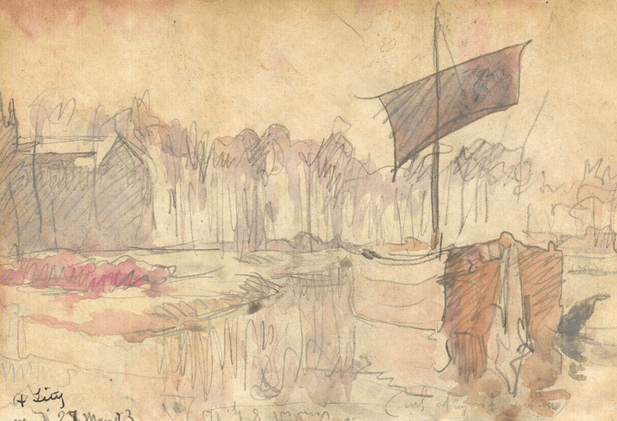 Antique Drawing Original Signed Marine, Landscape, Boats, Port, Village 1923 image 1