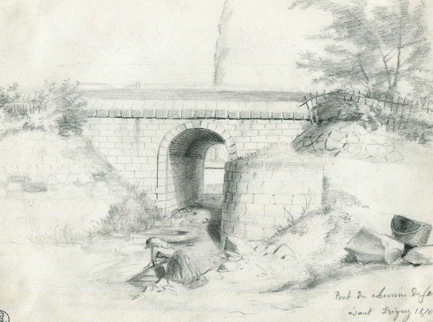 Antique Drawing Pencil Original 19th century Old Masters, Bridge - Dikeos 1870
