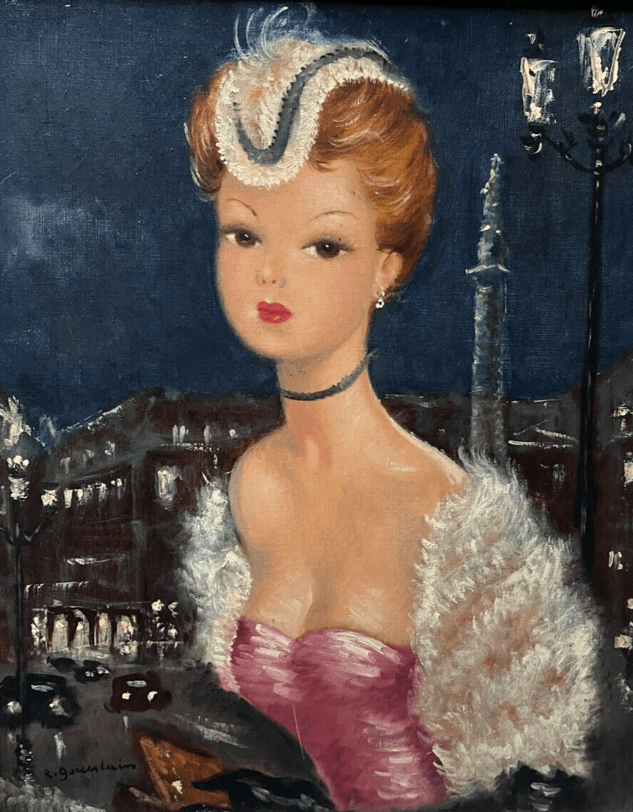 Antique Original Painting Portrait, Woman in Paris, Concorde signed