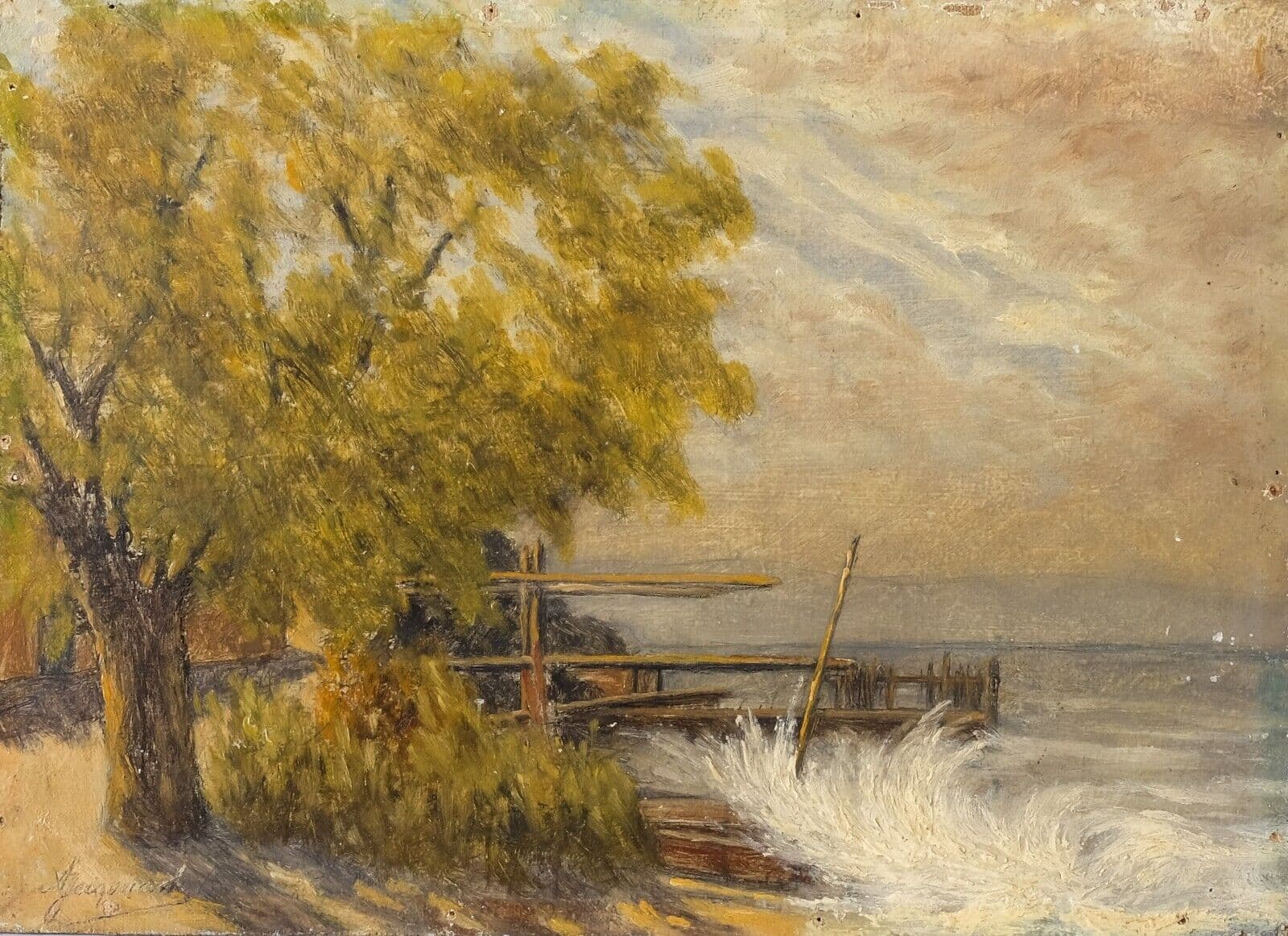 Antique Oil Original Painting signed Bourasque on Leman Amphion Haute Savoie