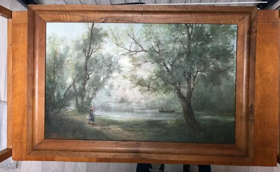 Antique Original Painting signed Jules CAYLA Landscape Barbizon, People image 7