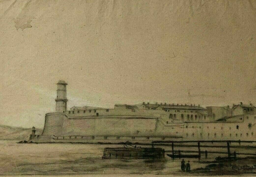 Drawing Maritime Port Landscape signed