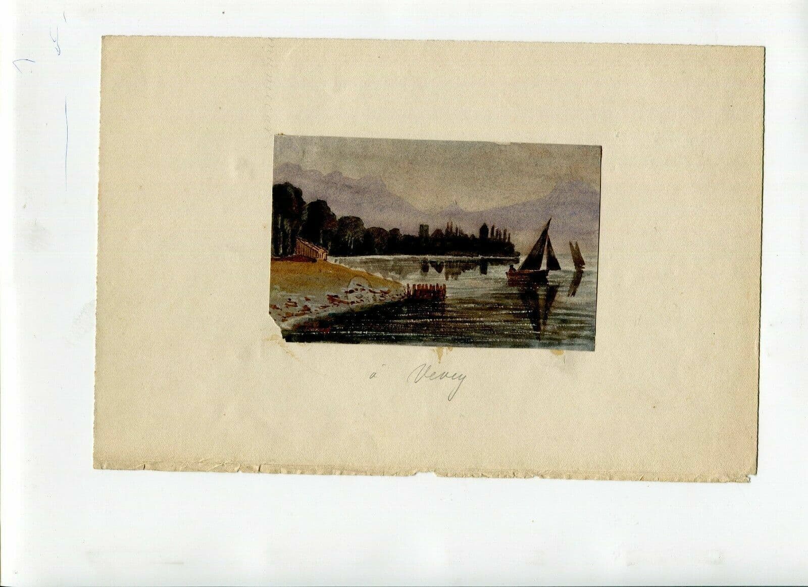 Collomb Vevey Lake Landscape, Boat Drawing image 2