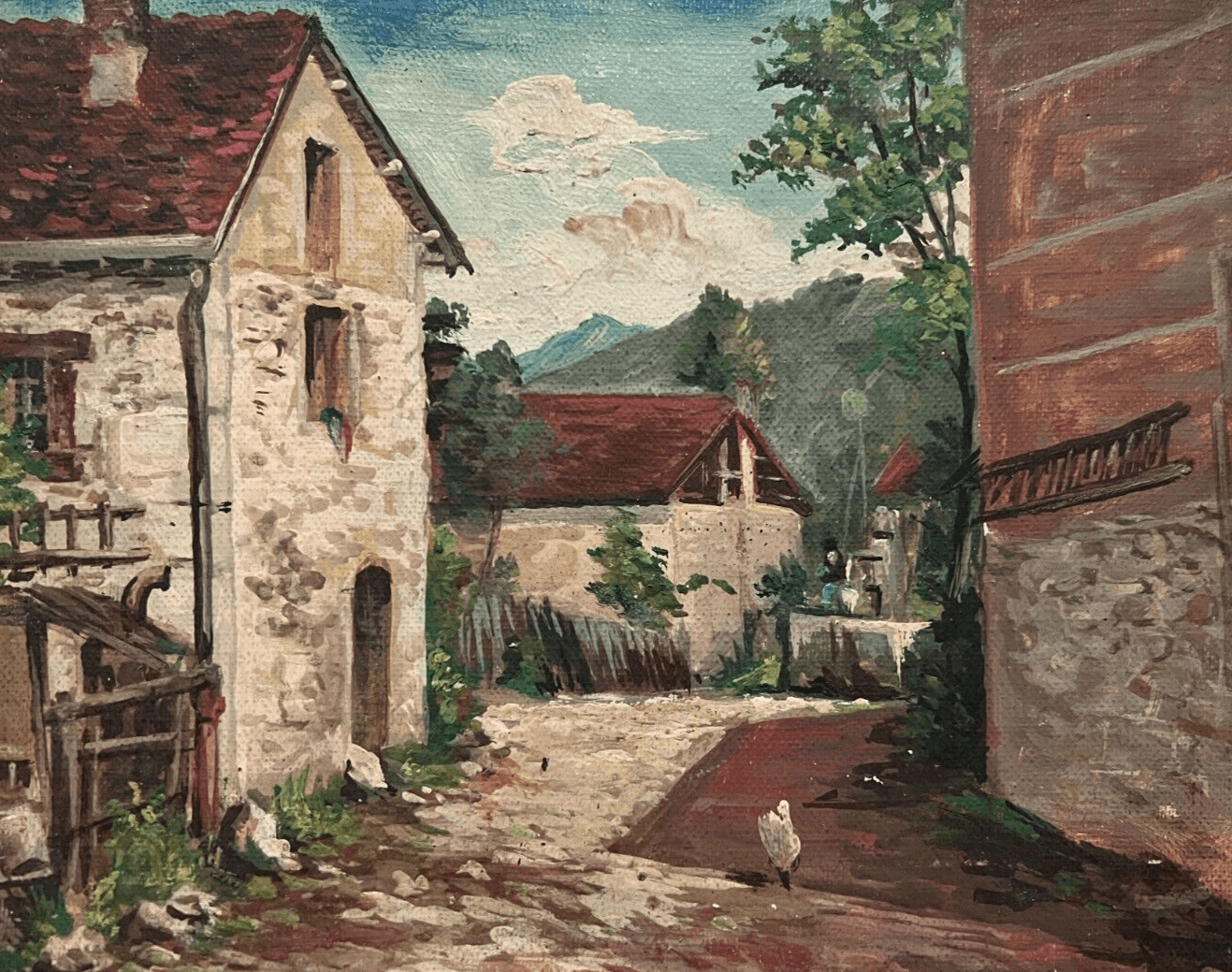 Antique Oil Vintage Original Painting Landscape Mountain Village, Chicken