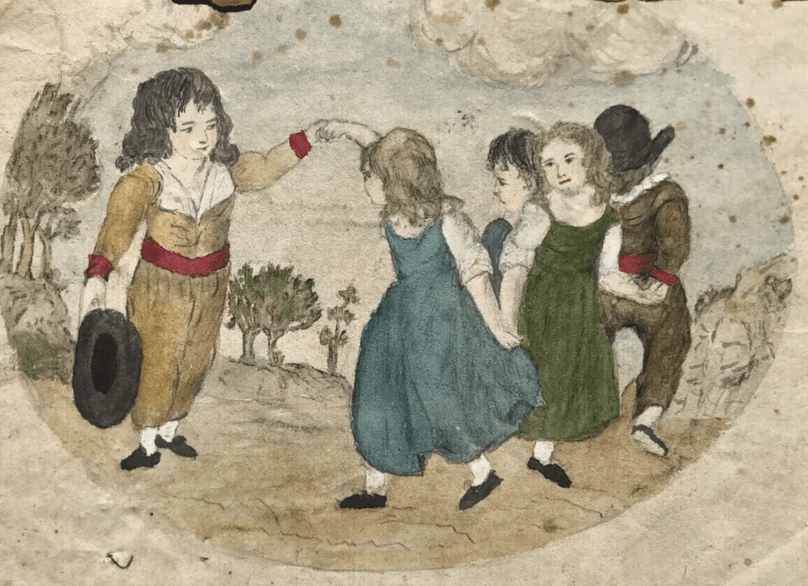 Original Antique Pencil 19th century Drawing Children, People Dancing Artwork