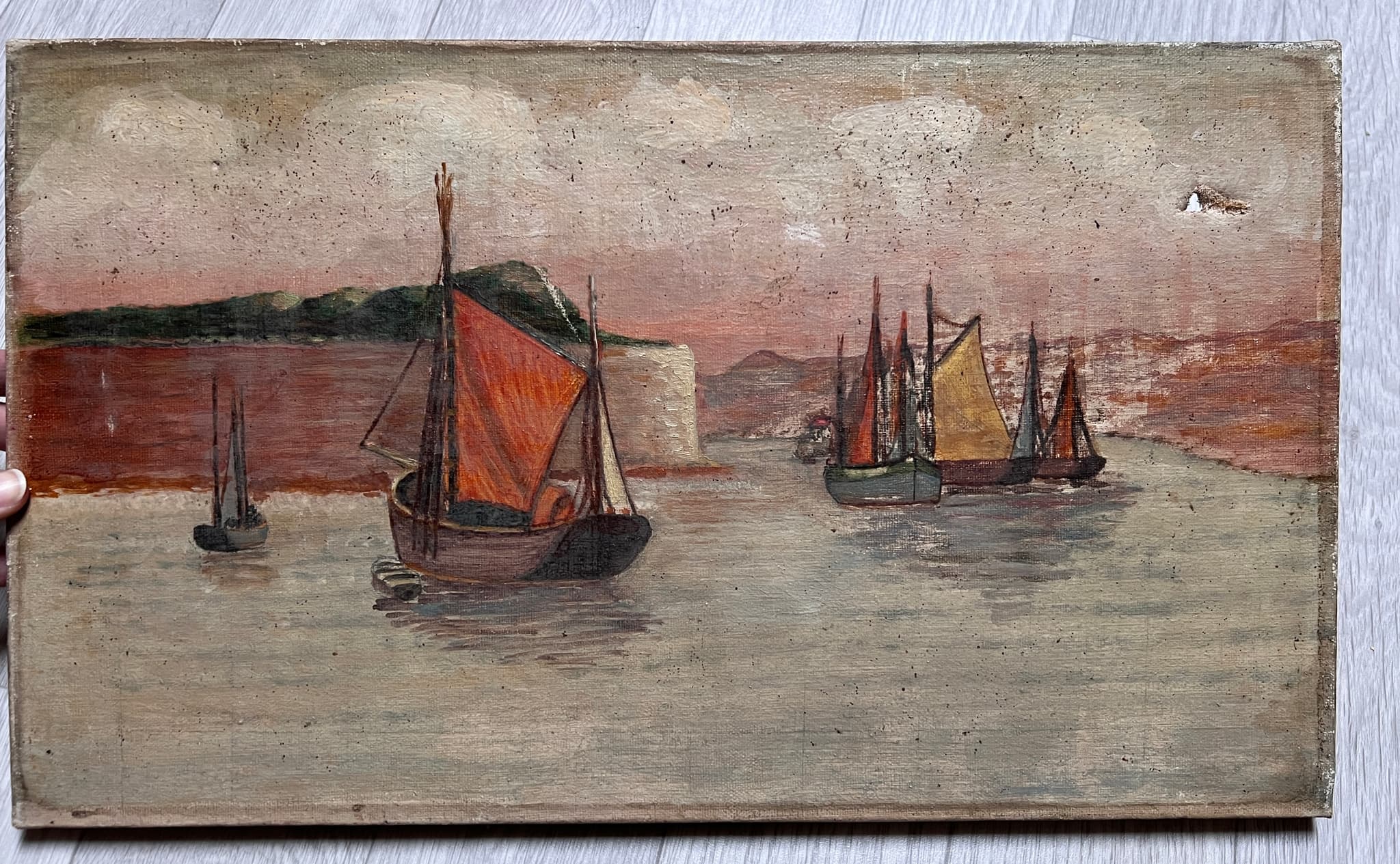 Painting Orange and Yellow Boats Seascape image 2