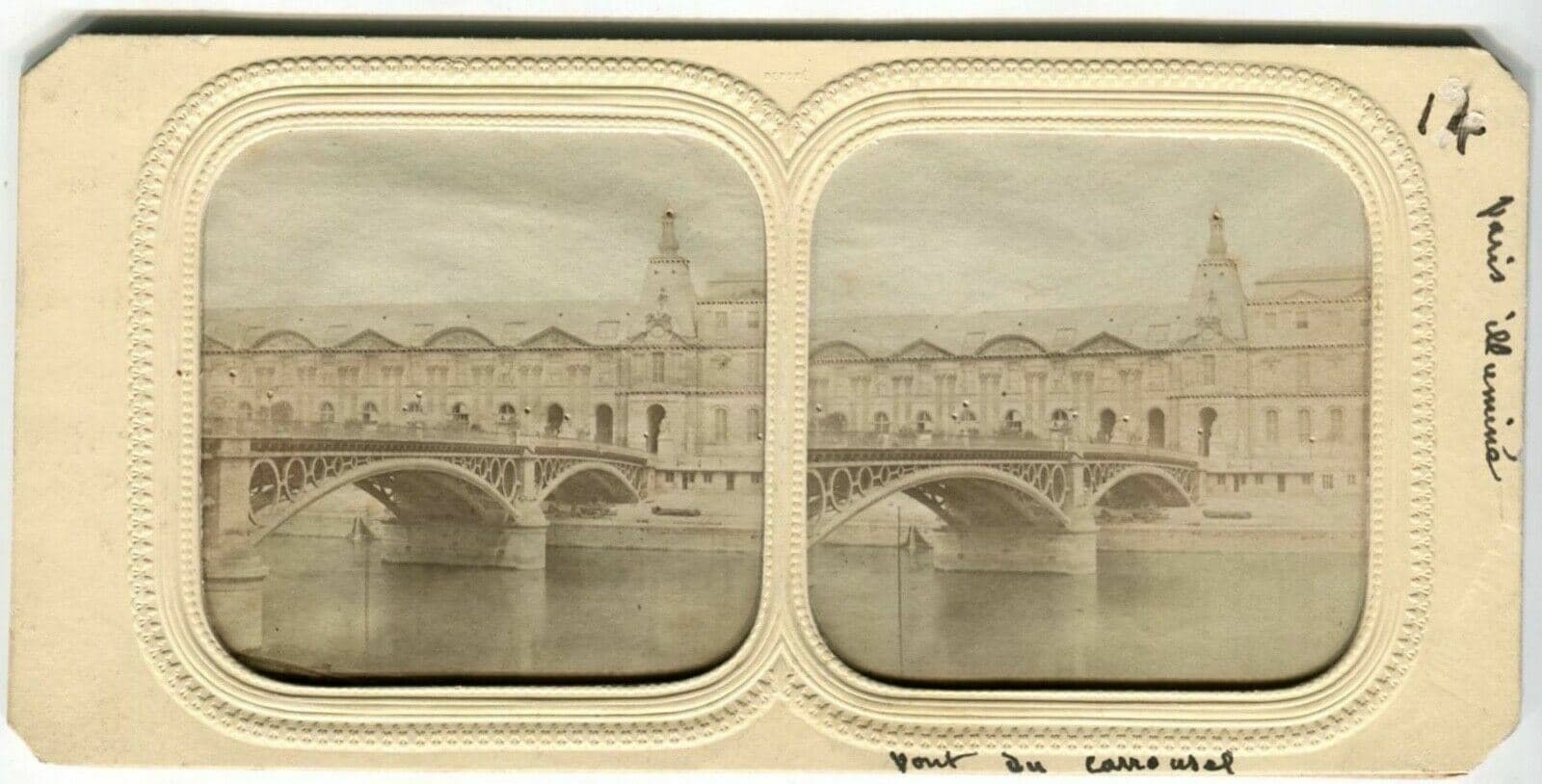 Vintage Stereoview Day/Night - Carrousel Bridge, Paris illuminé Albumen c. 1870