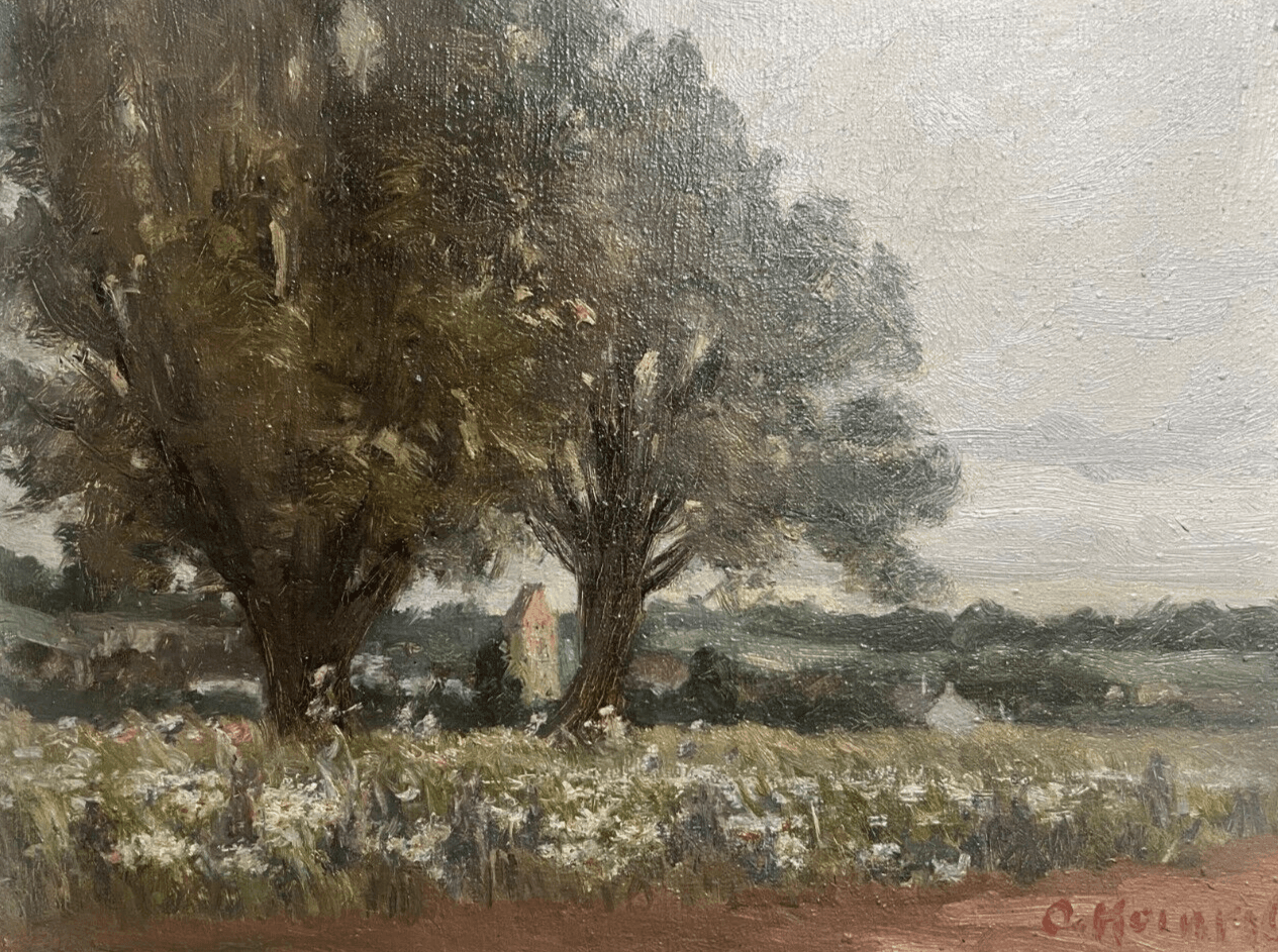 Antique Original Painting Landscape, Village, Trees, Forest signed