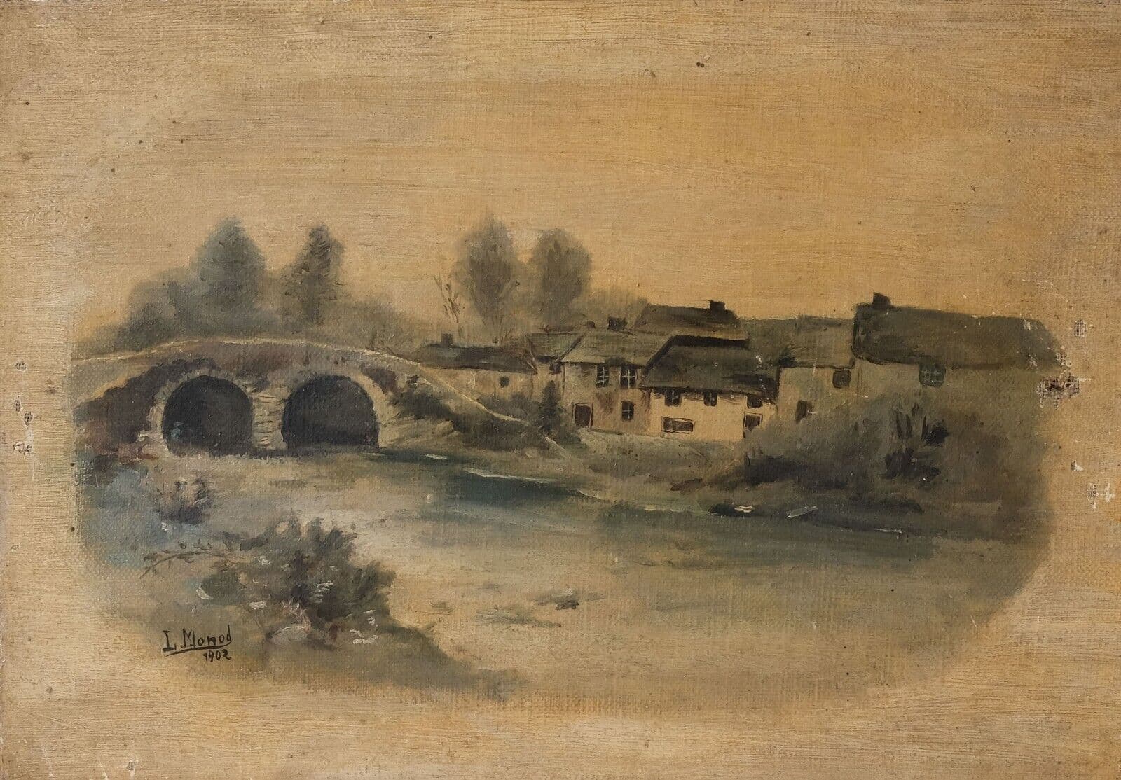 Antique Oil Painting Signed MONOD (1867-1957) Landscape, Bridge, Village