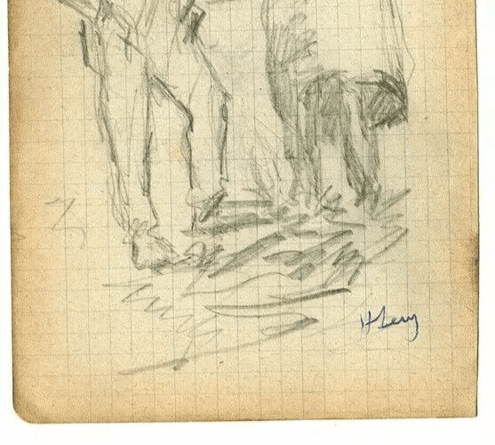 Antique Pencil Original Drawing Men Figures with Hats Sketch, Artwork Signed image 3