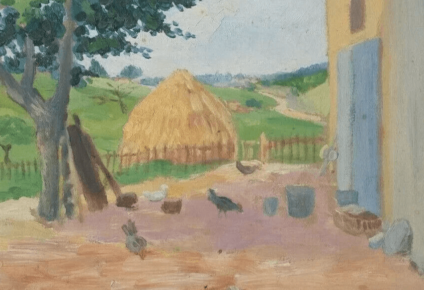 Antique Oil Original Painting Landscape Farm, Chicken Coop, Hay