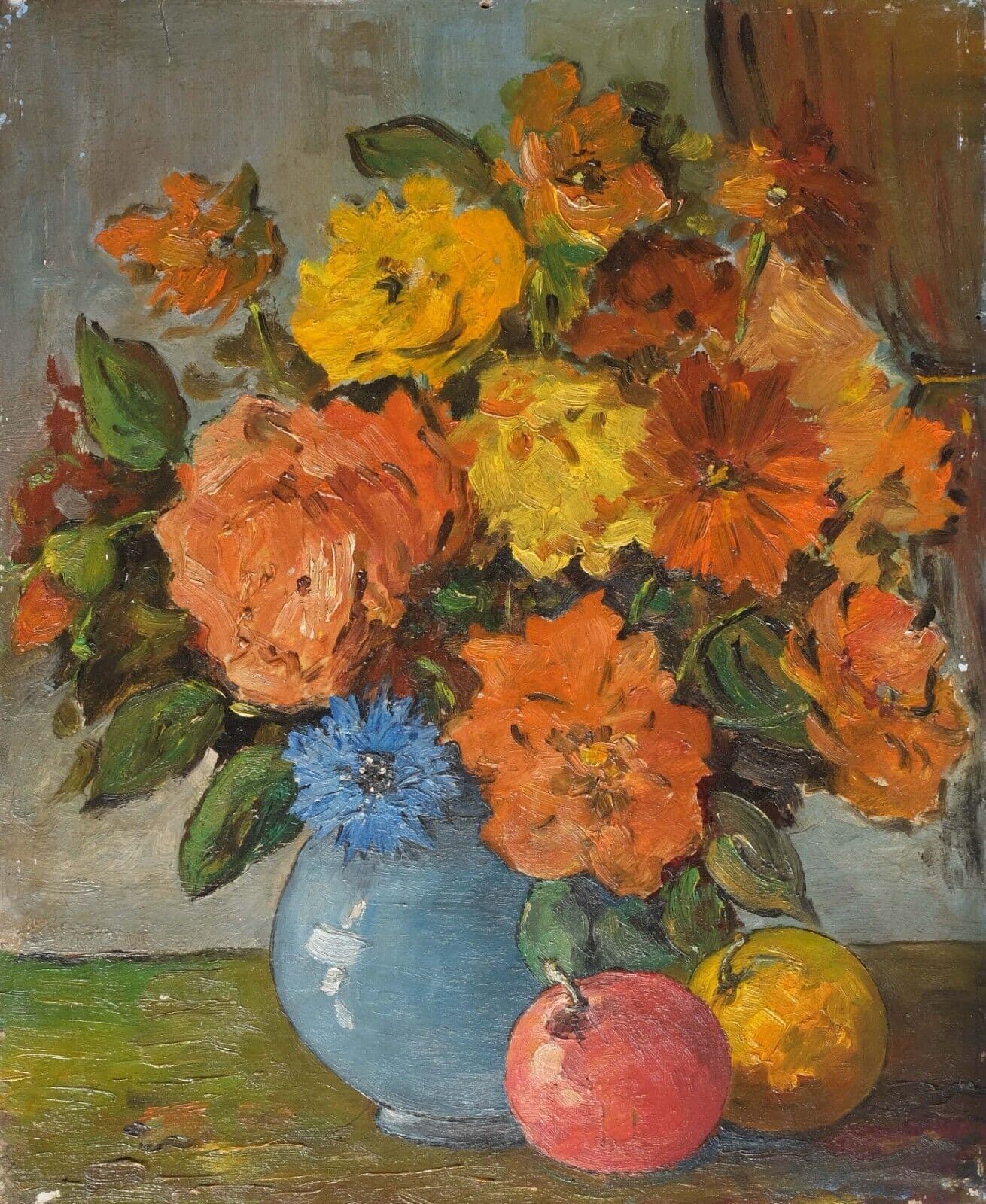Antique Oil Painting Still Life Orange Yellow Bouquet, Flowers, Floral