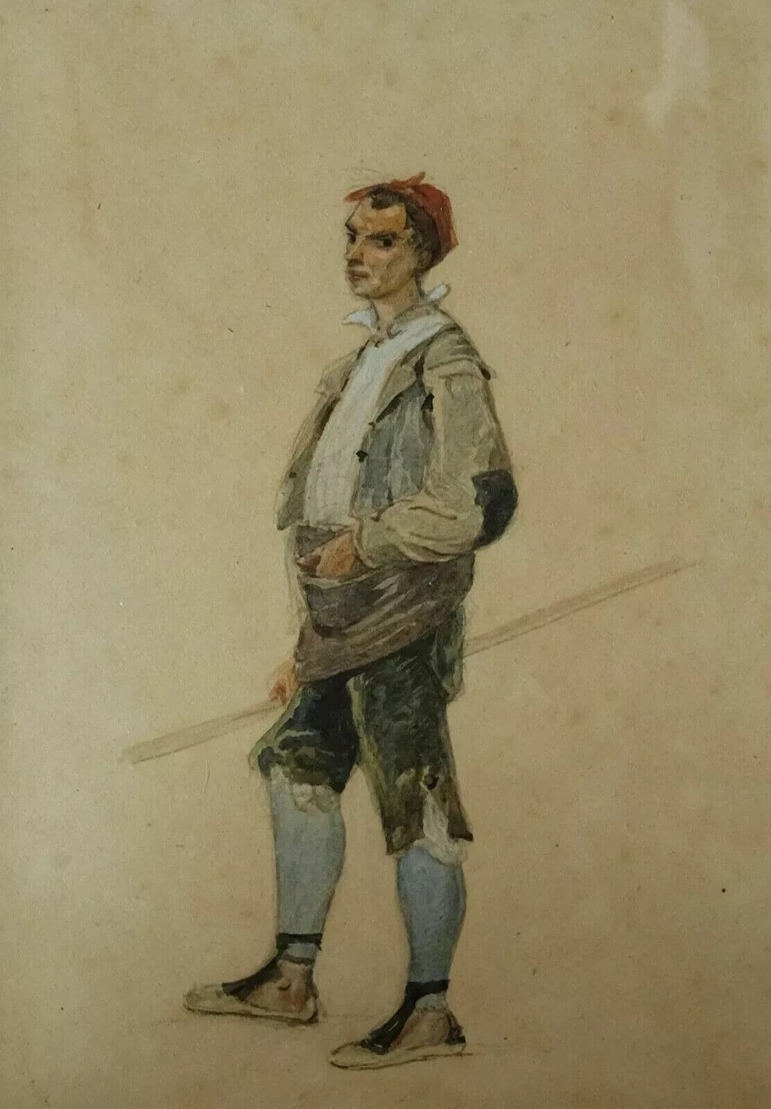 Antique Drawing 19th century Pastel Italian Man with a Stick Original