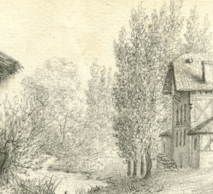 Antique Pencil Drawing 19th century Enghien-les-Bains, Landscape, House, Forest image 4