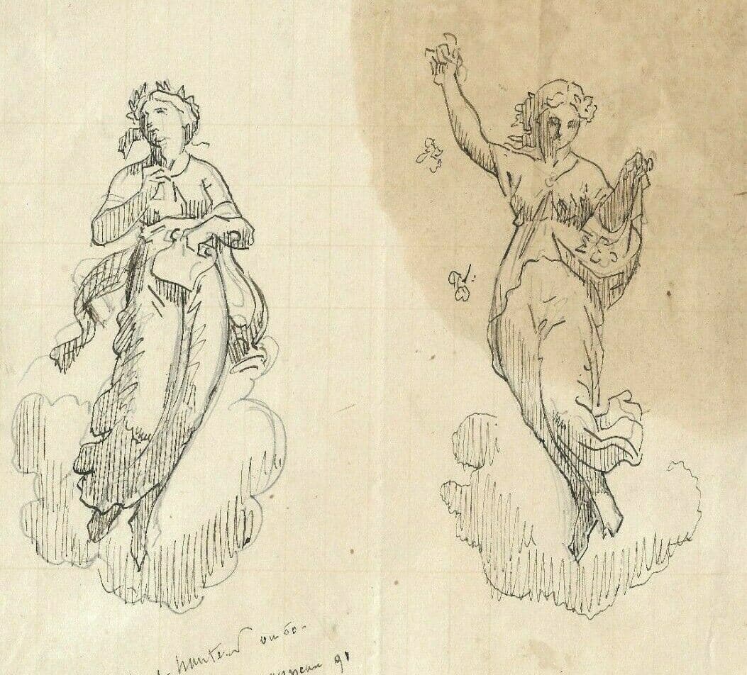 Antique Ink Drawing 19th century Two Sculpture Women, Goddess Artwork